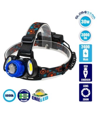 GLOBOSTAR® HEADLAMP 79056 Φακός Κεφαλής με Αισθητήρα Hand Swipe LED 20W 2000lm 15~60° DC 5V με USB-C με Επαναφορτιζόμενη Μπαταρία Li-ion 3.7V 2x18650 4800mAh Αδιάβροχο IP54 Ψυχρό Λευκό 6000K - CREE XHP50 & COB Chip - Μ7.5 x Π5.5 x Υ4.8cm - 1 Χρόνο Εγγύηση
